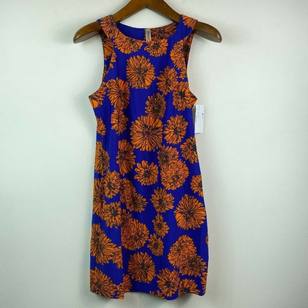 24seven Comfort Apparel Womens M Blue Orange Floral Print Mini Dress Retag J55